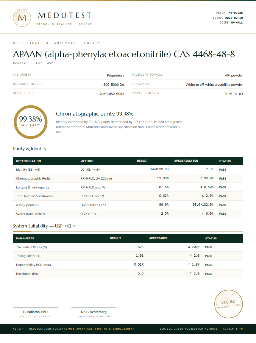 APAAN (alpha-phenylacetoacetonitrile) CAS 4468-48-8 Purity (HPLC) report by Medutest