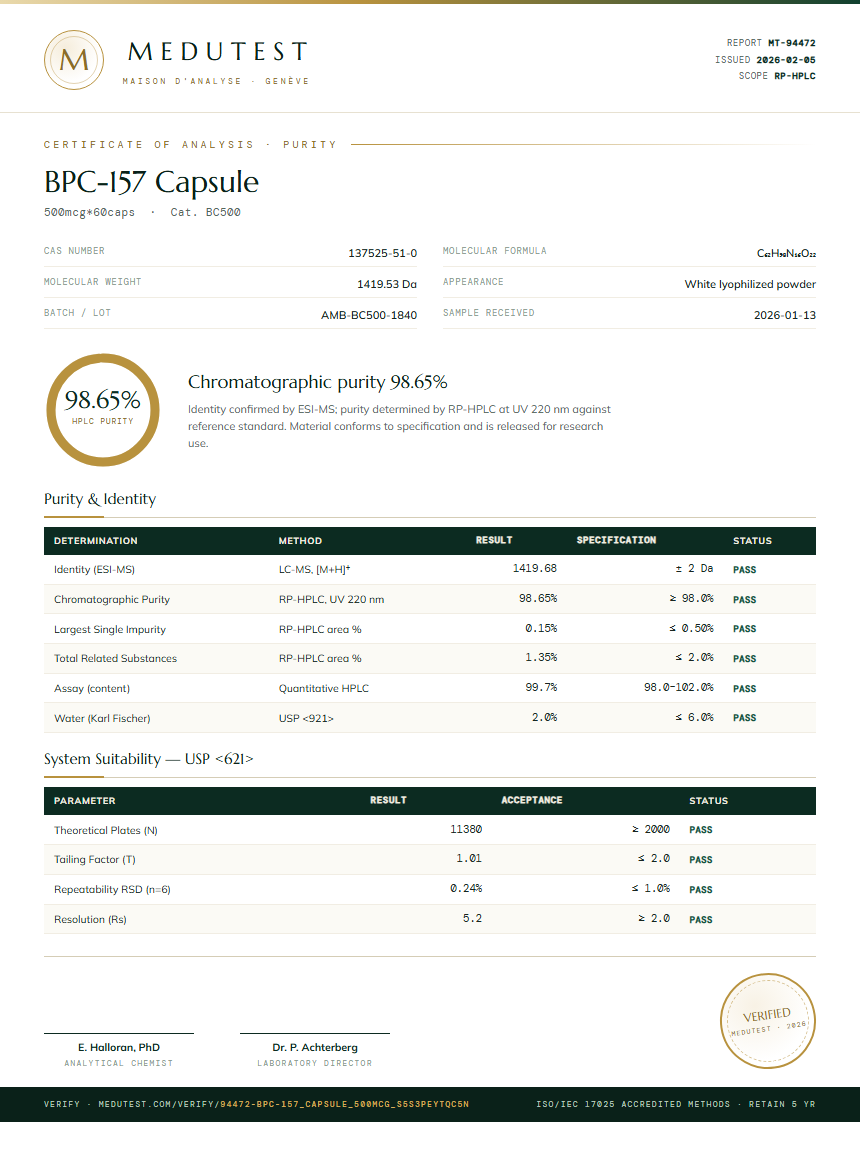 BPC-157 Capsule Purity (HPLC) report by Medutest