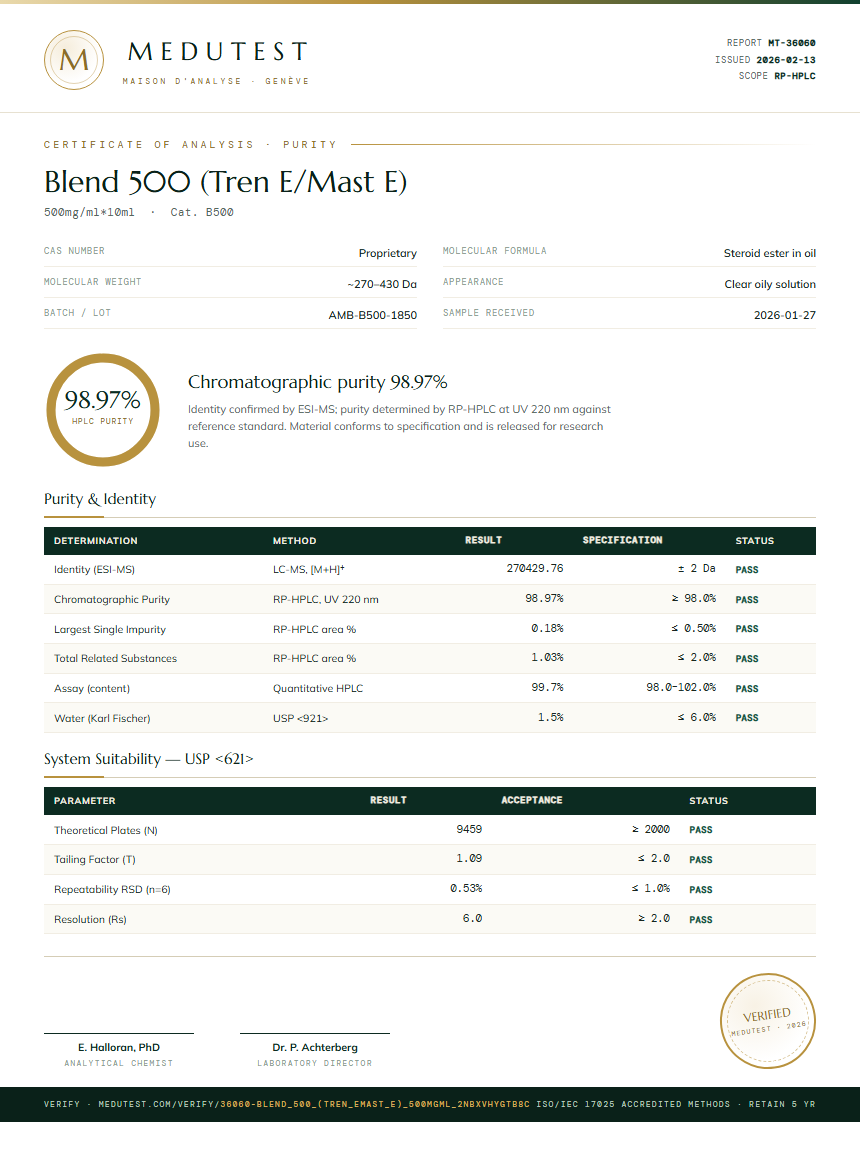 Blend 500 (Tren E/Mast E) Purity (HPLC) report by Medutest