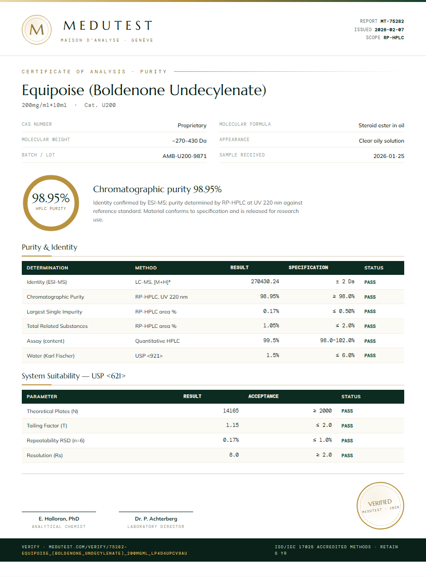 Equipoise (Boldenone Undecylenate) Purity (HPLC) report by Medutest