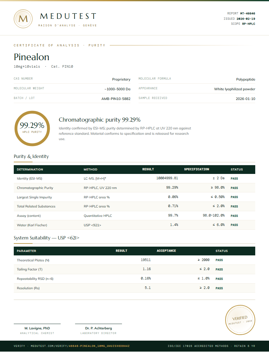 Pinealon Purity (HPLC) report by Medutest