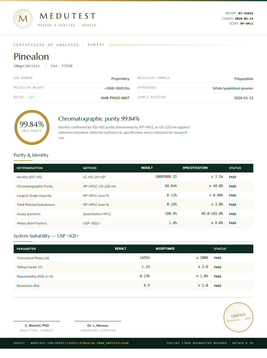 Pinealon Purity (HPLC) report by Medutest