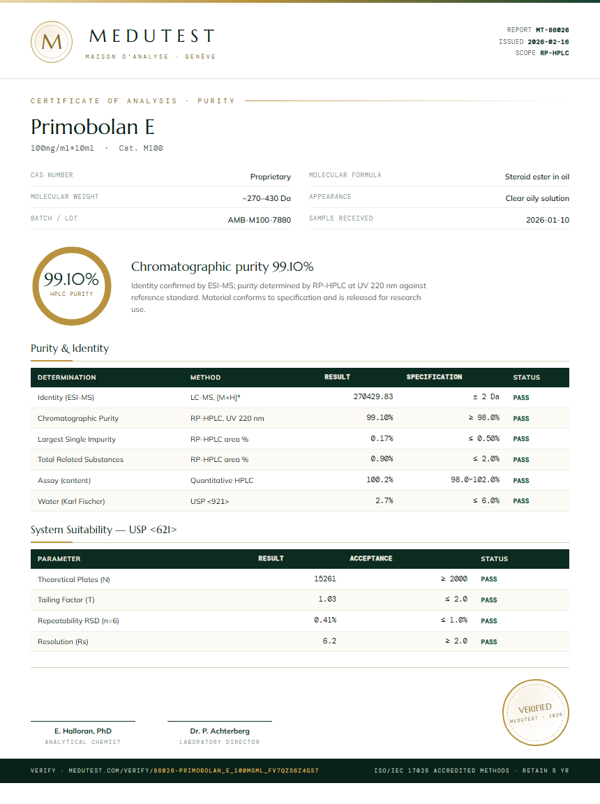 Primobolan E Purity (HPLC) report by Medutest