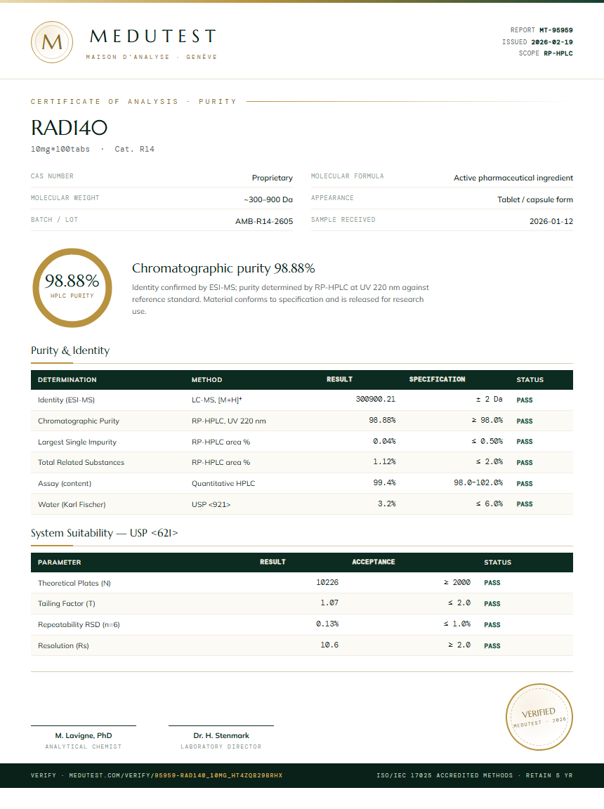RAD140 Purity (HPLC) report by Medutest