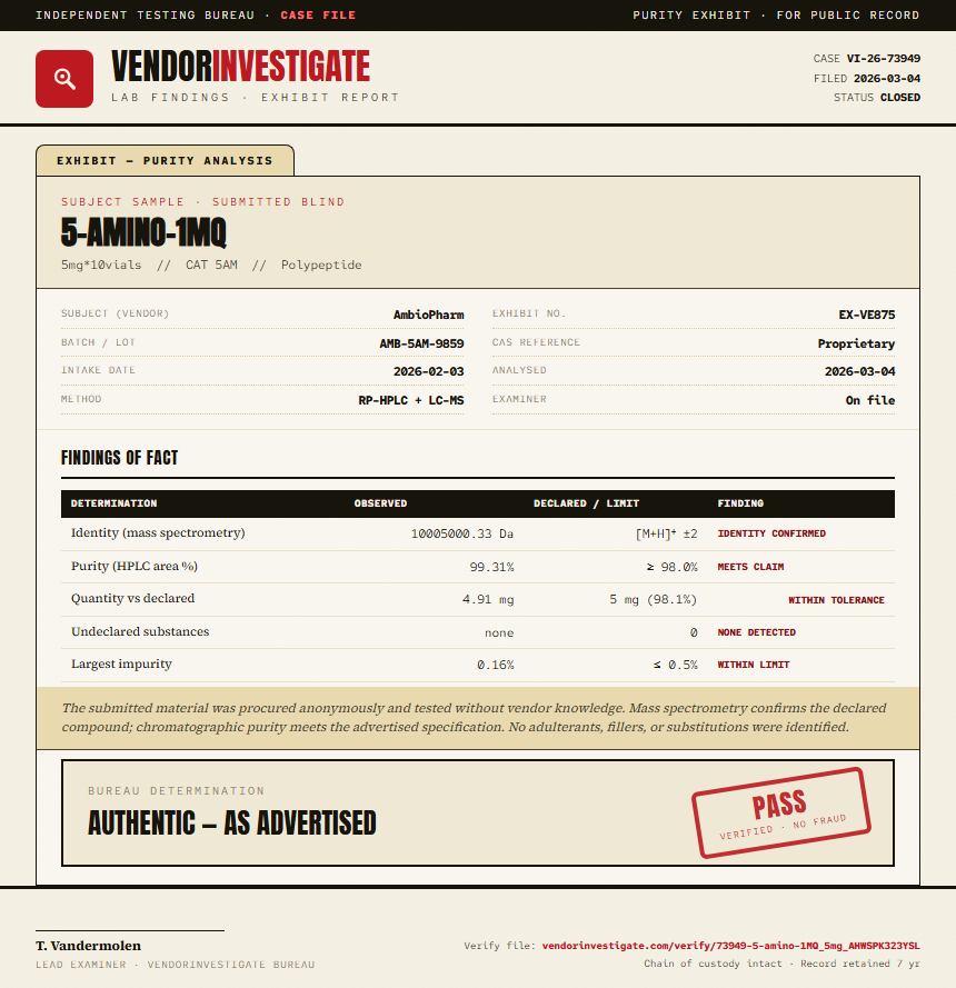 5-amino-1MQ Purity (HPLC) report by VendorInvestigate