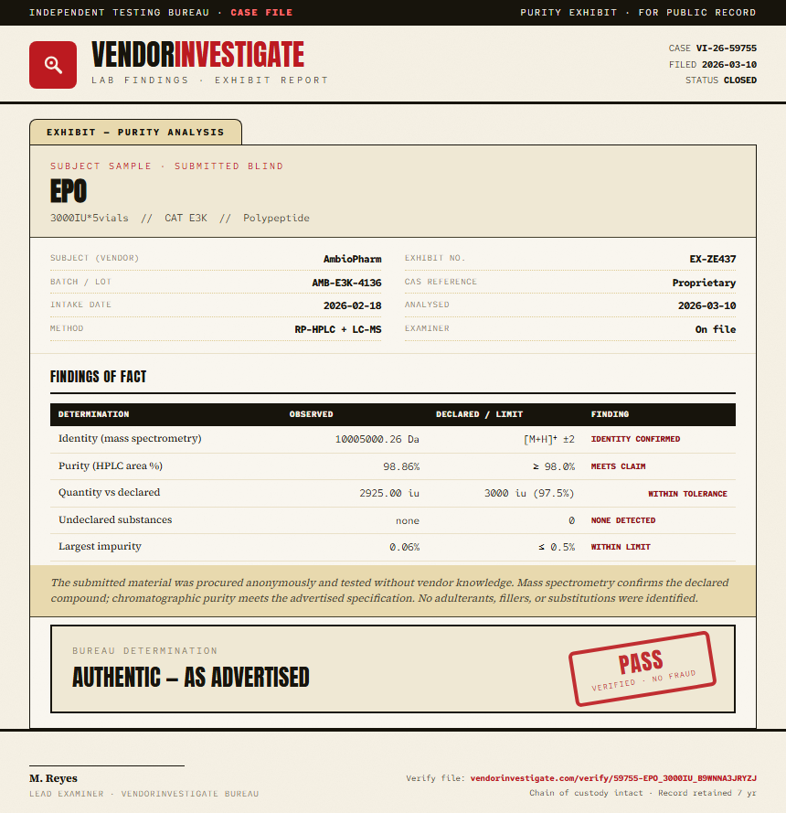 EPO Purity (HPLC) report by VendorInvestigate