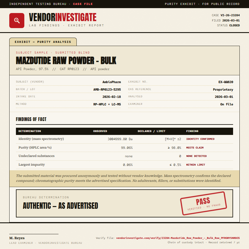 Mazdutide Raw Powder - Bulk Purity (HPLC) report by VendorInvestigate