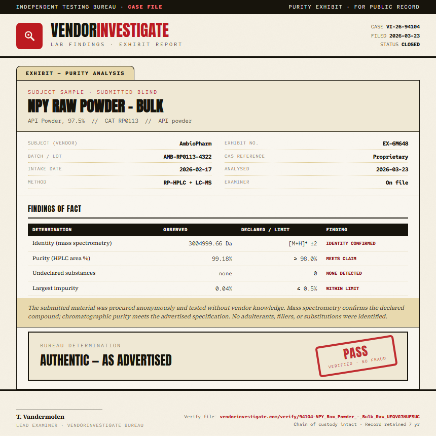 NPY Raw Powder - Bulk Purity (HPLC) report by VendorInvestigate