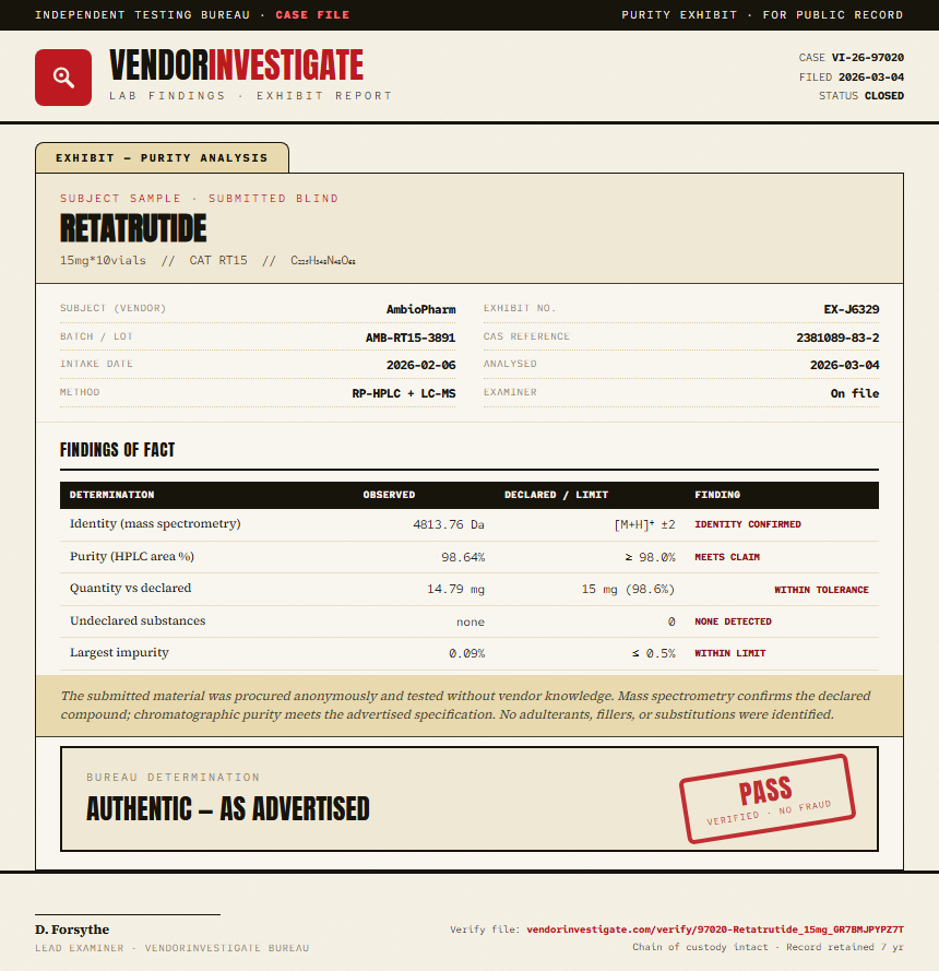 Retatrutide Purity (HPLC) report by VendorInvestigate