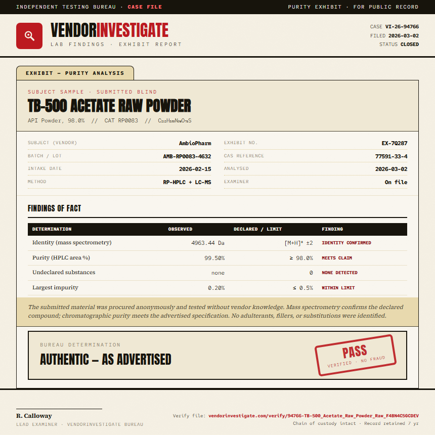 TB-500 Acetate Raw Powder Purity (HPLC) report by VendorInvestigate
