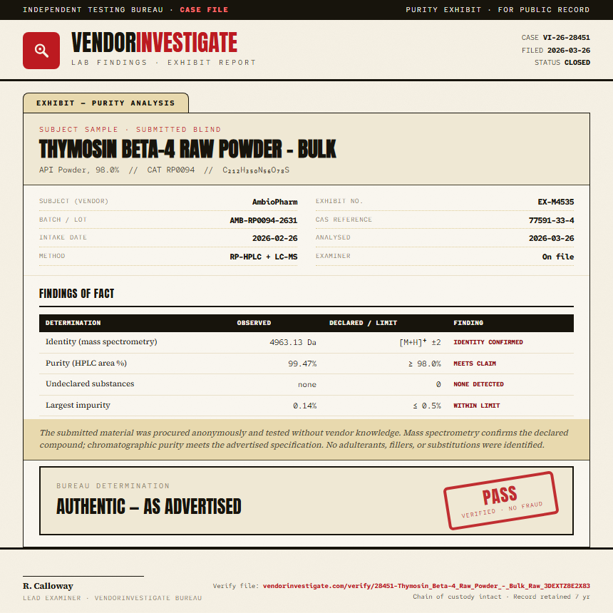 Thymosin Beta-4 Raw Powder - Bulk Purity (HPLC) report by VendorInvestigate